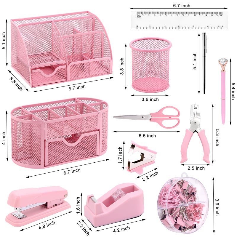 Froidesente 17 in 1 Pink Desk Organizers and Accessories Set  3 Office Desk Supplies Storage Organization  4 Pens  Stapler  Staples & Remover  Tape & Dispenser  Scissors  Ruler  Clips  Hole Punch  Sticky Holder - Image 2